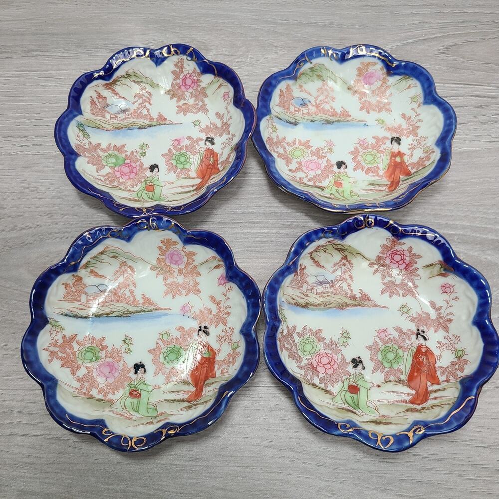 Vintage Geisha Porcelain 5" Plate Hand Painted Garden Blue Gold Set of 4